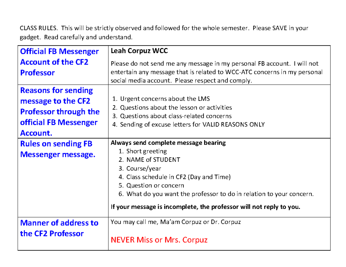 CF2 Class Rules and Communication Guidelines for Students - Studocu