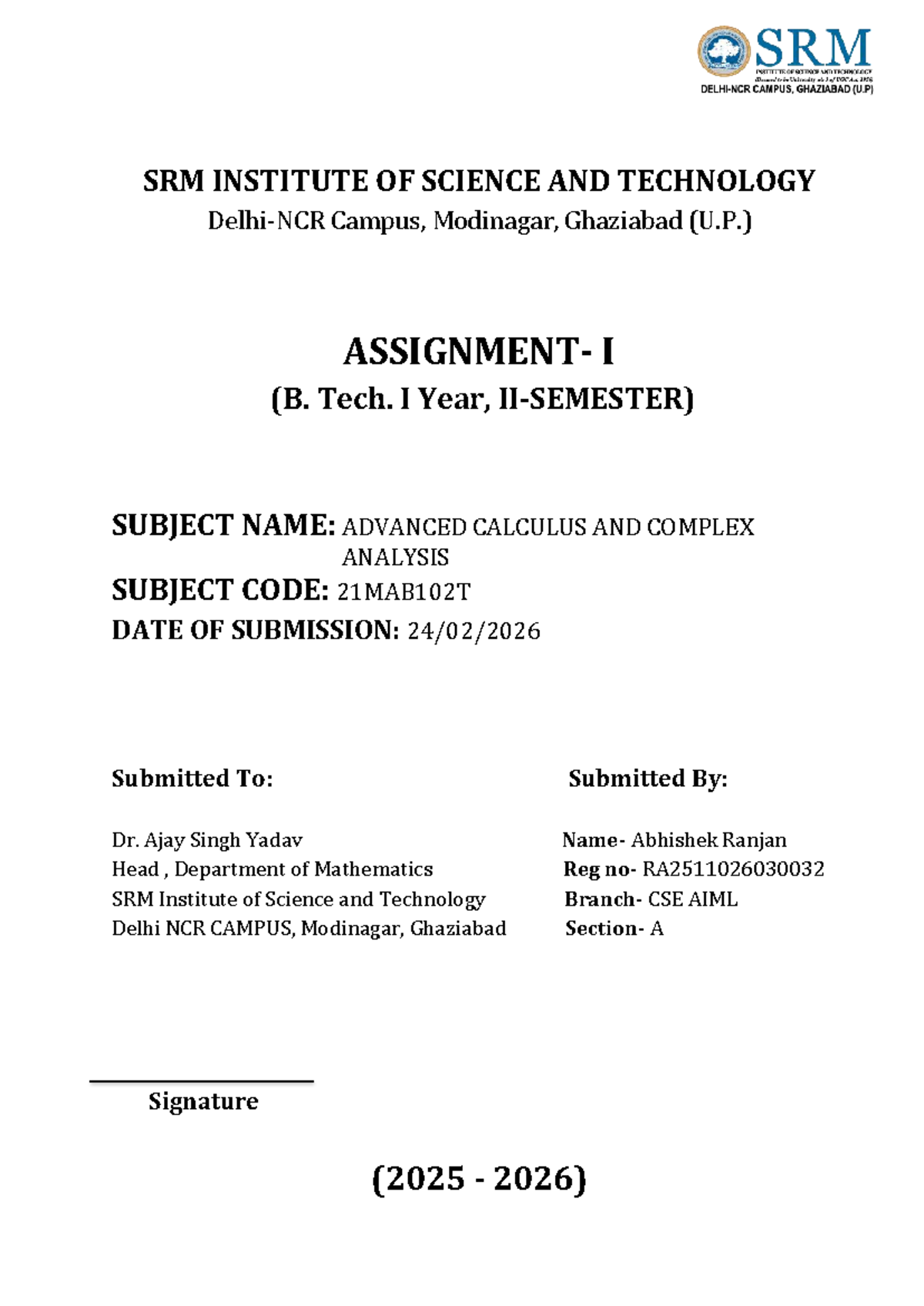 Maths Assignment Preface - SRM INSTITUTE OF SCIENCE AND TECHNOLOGY ...