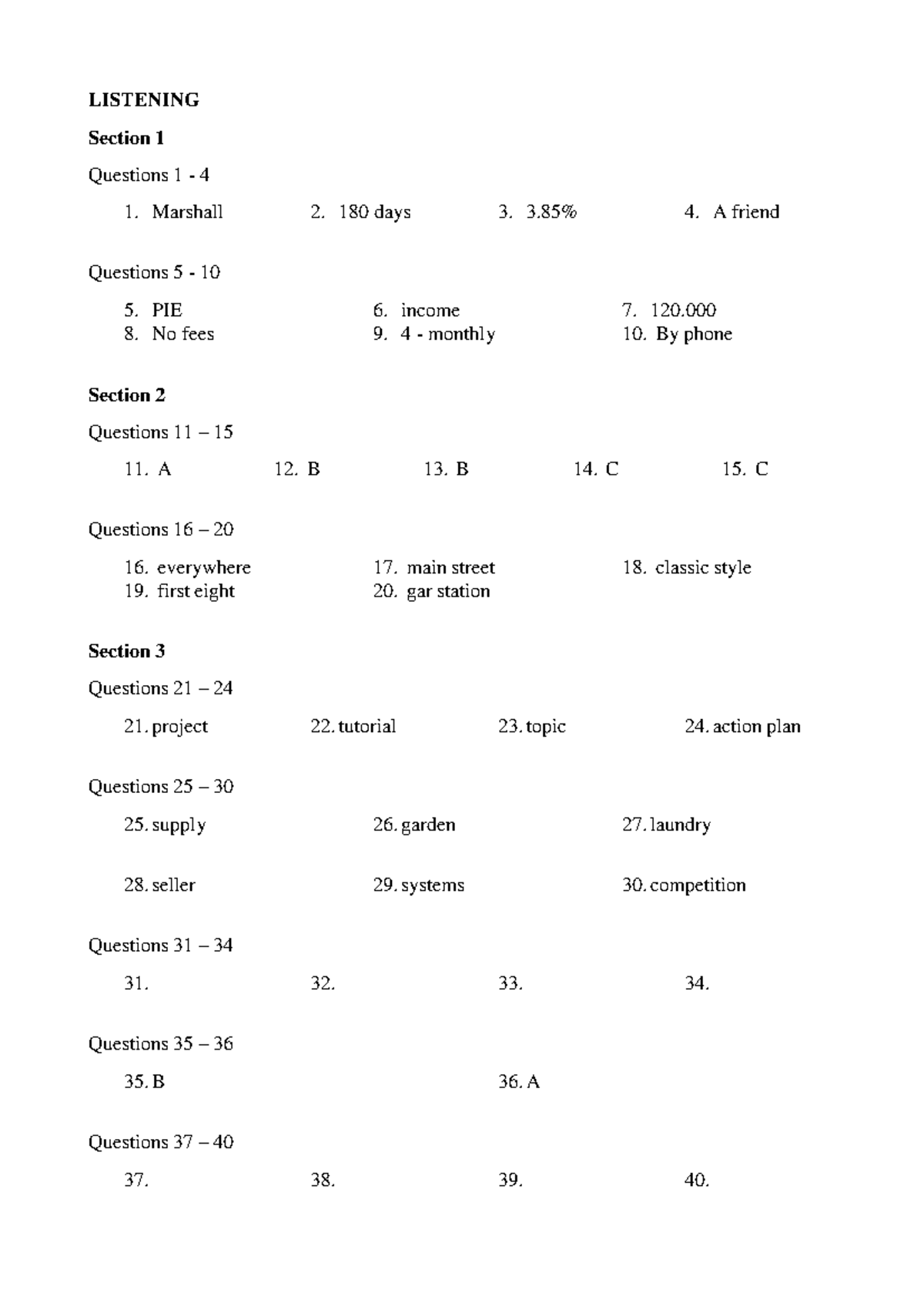 IELTS MOCK TEST - LISTENING Section 1 & 2 Questions 1-40 - Studocu
