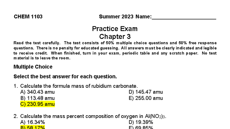 CHEM 1103 Summer 2023 Practice Exam 2 Key - Studocu