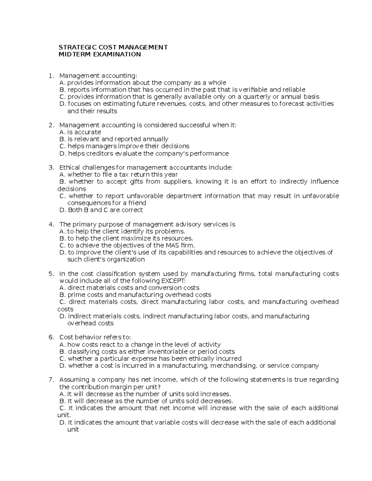 Strategic Cost Management 1 - Midterm Exam Study Notes - Studocu