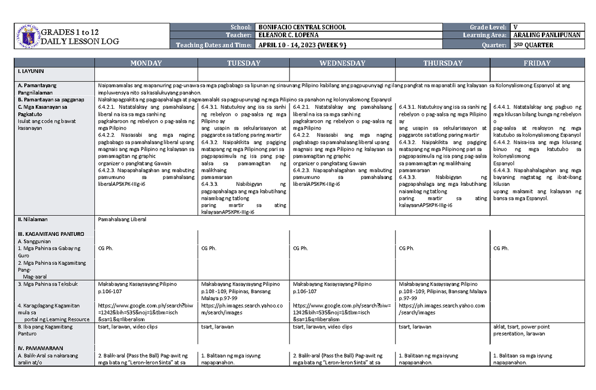 DLL Araling Panlipunan 5 Q3 W9 - GRADES 1 to 12 DAILY LESSON LOG School ...