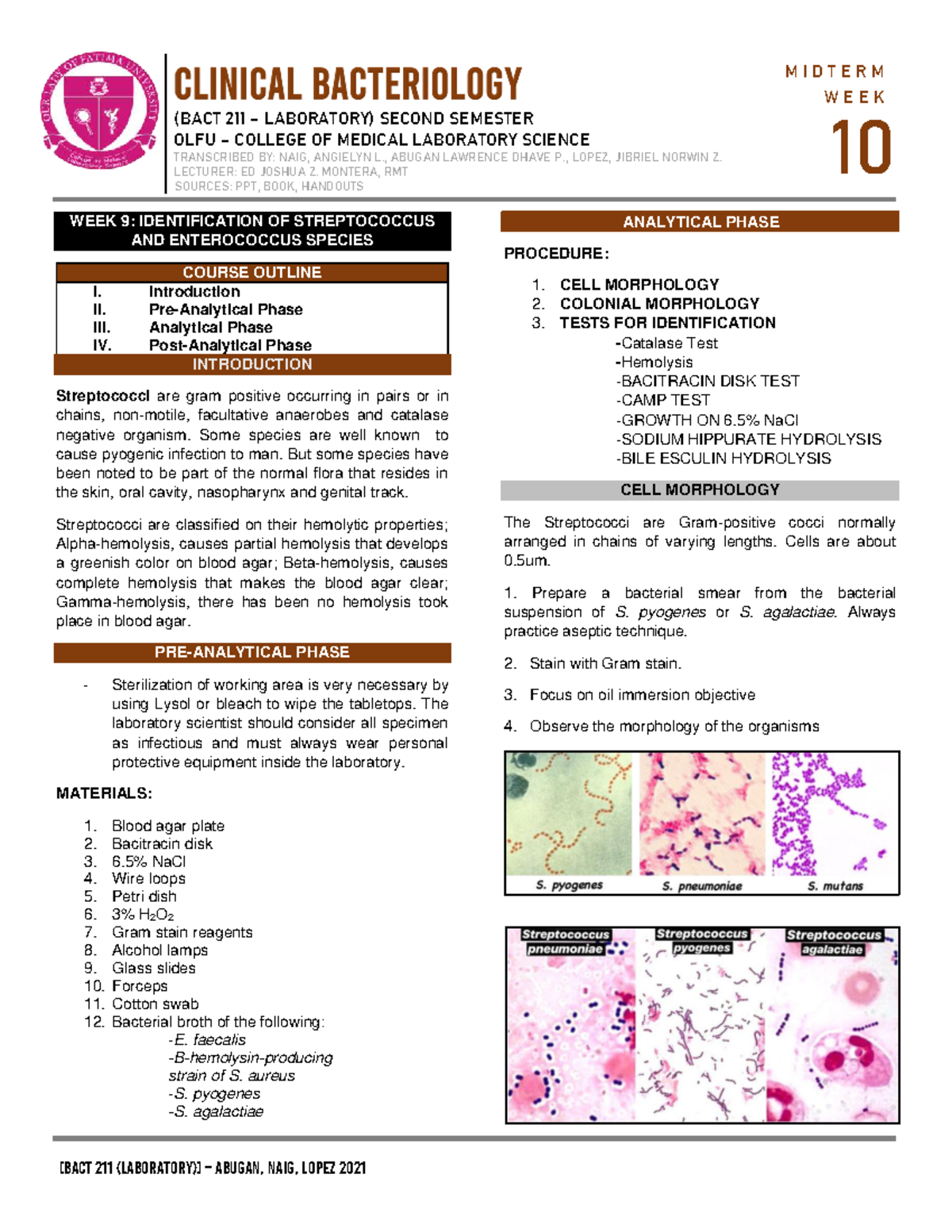 WEEK 10 LAB (BACT 211) - Identification of Streptococcus & Enterococcus ...