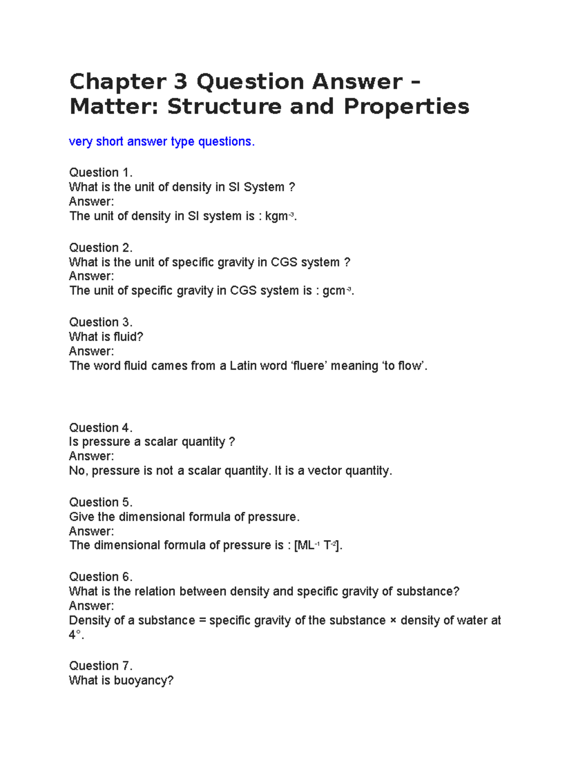 Wbphyscch 3 - Short Answer Questions on Matter: Structure & Properties ...