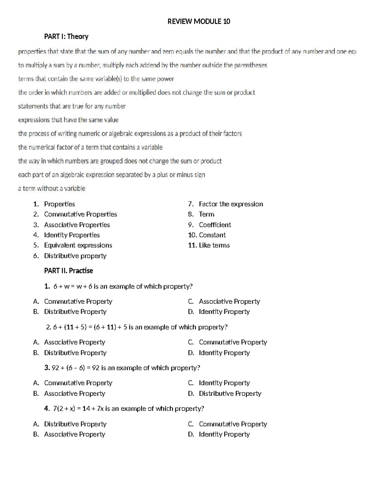 MATH 6 Review Module 10: Properties and Practice Exercises - Studocu
