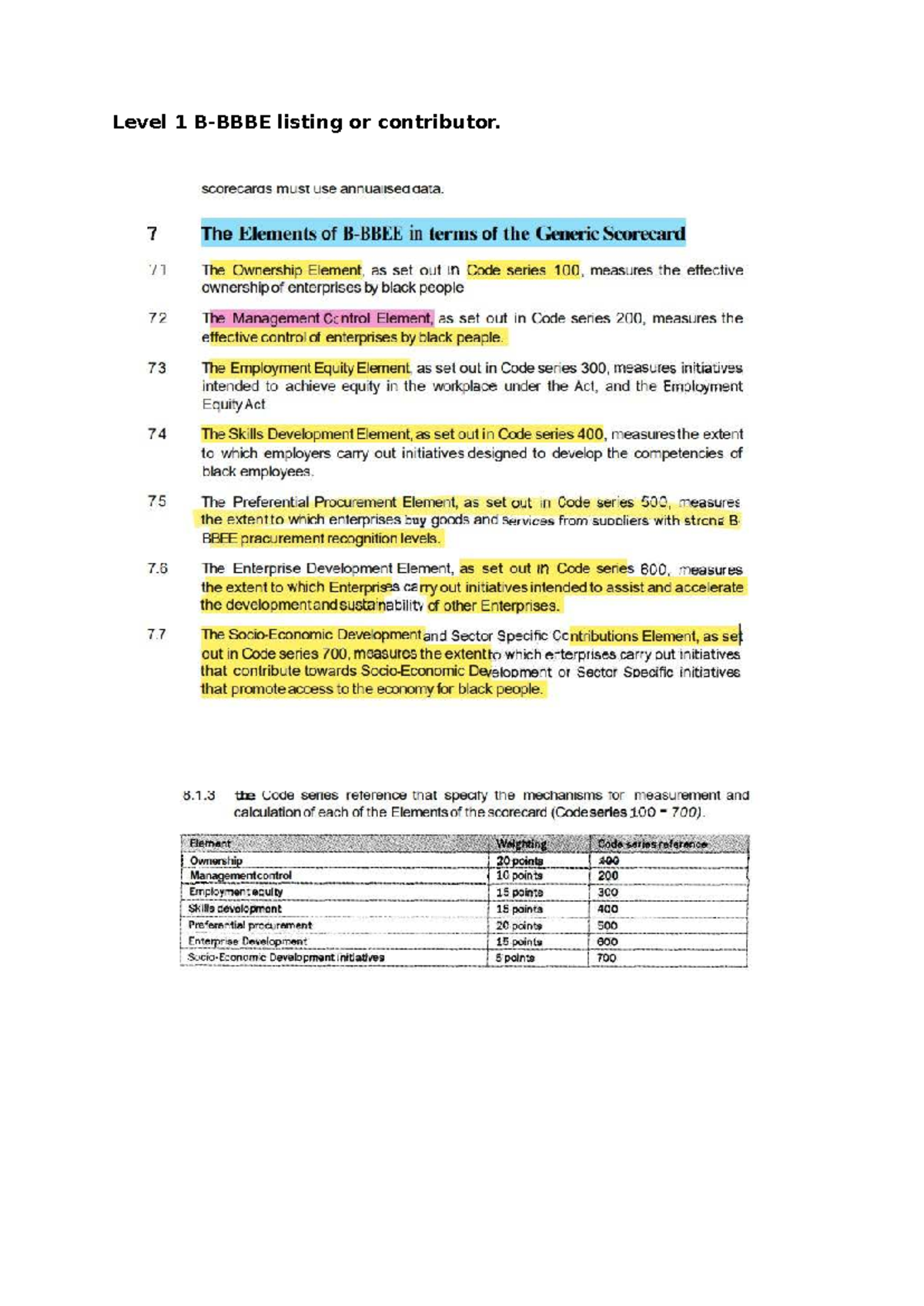 Level 1 B - BBEE Scorecard Elements and Measurement Codes - Studocu
