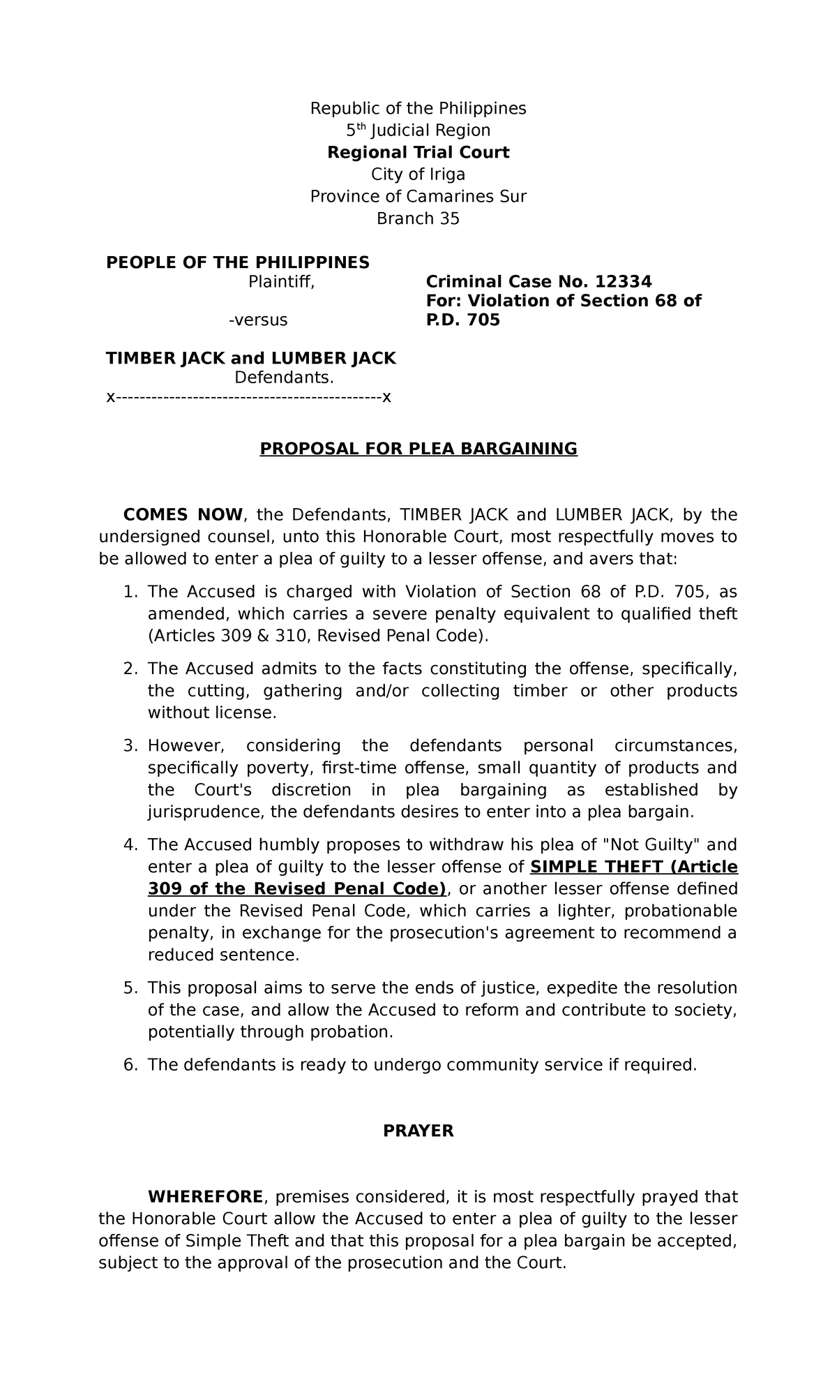 Proposal for Plea Bargaining in Criminal Case No. 12334 - Studocu