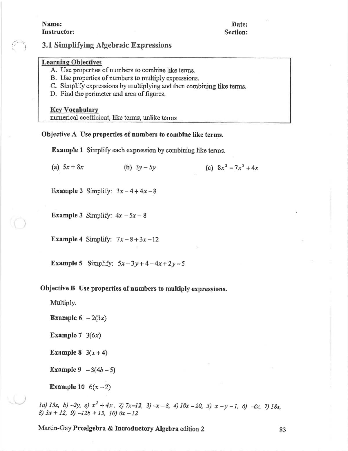 Chapter 3 Workbook Answers: Simplifying Expressions & Solving Equations ...