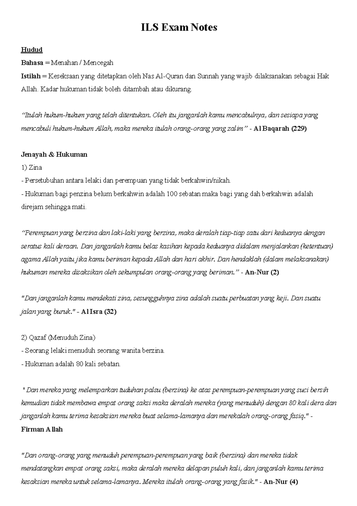 ILS Exam Notes - ILS Exam Notes Hudud Bahasa = Menahan / Mencegah ...