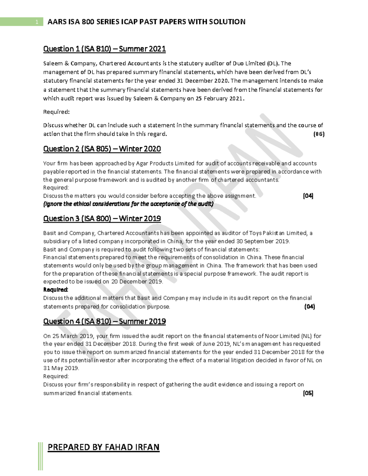 AARS ISA 800 Series ICAP Past Papers with Solutions by Fahad Irfan ...