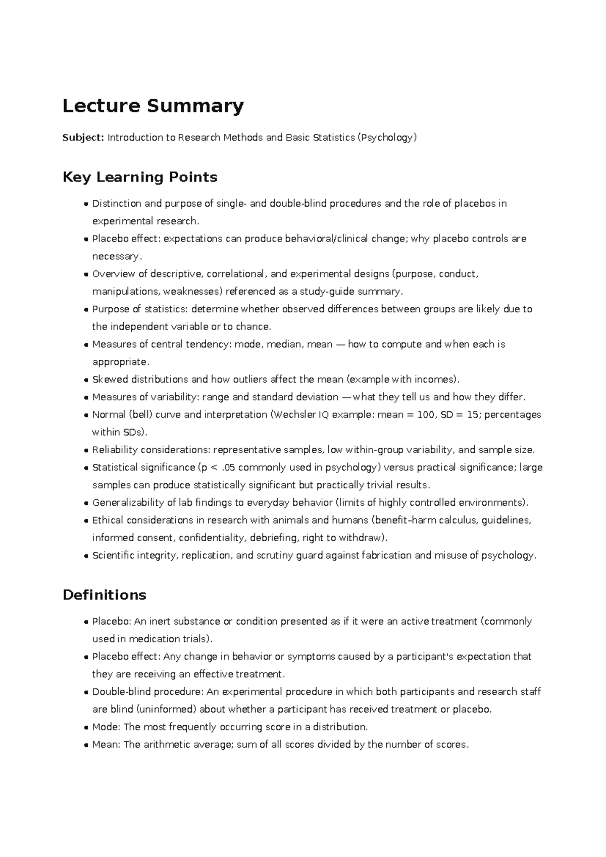 Lecture Summary: Research Methods & Basic Statistics in Psychology ...