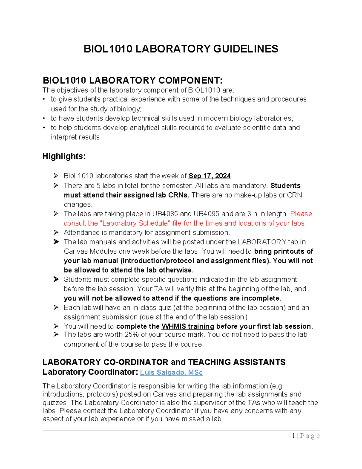 BIOL1010 Laboratory Guidelines - Fall 2024 - BIOL1010 LABORATORY ...