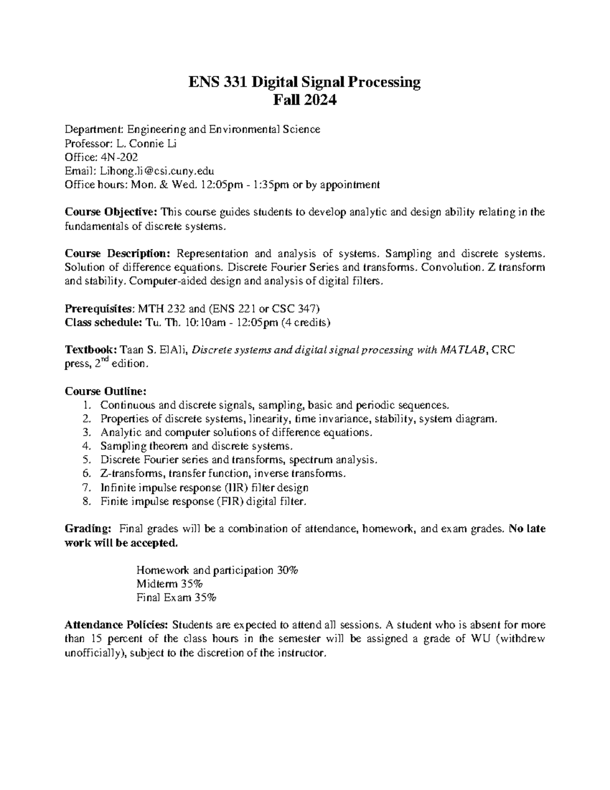 ENS331 Digital Signal Processing Syllabus - Fall 2024 Overview - Studocu