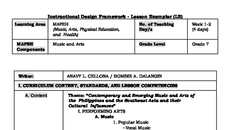 LE MAPEH Music and Arts Grade 7 Lesson Exemplar for Week 2 - Studocu