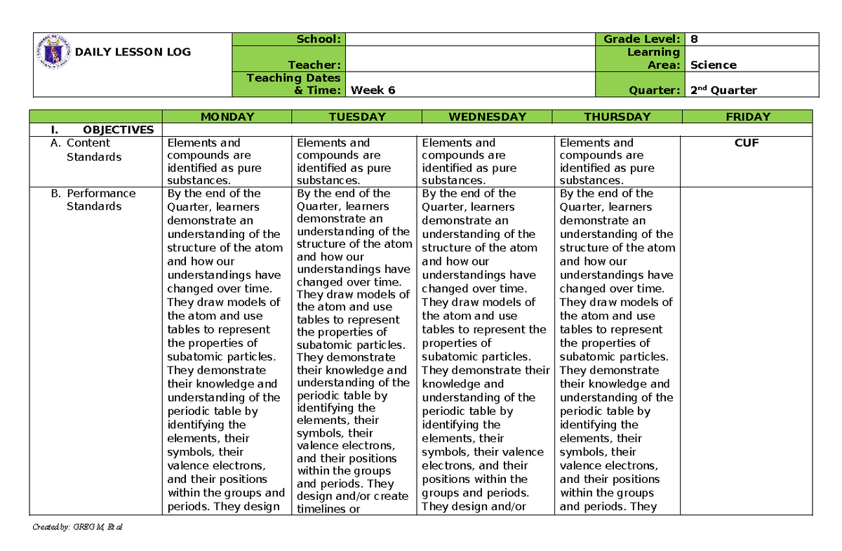 Science 8 Q2 Week 6 Daily Lesson Log: Understanding Atoms & Periodic ...