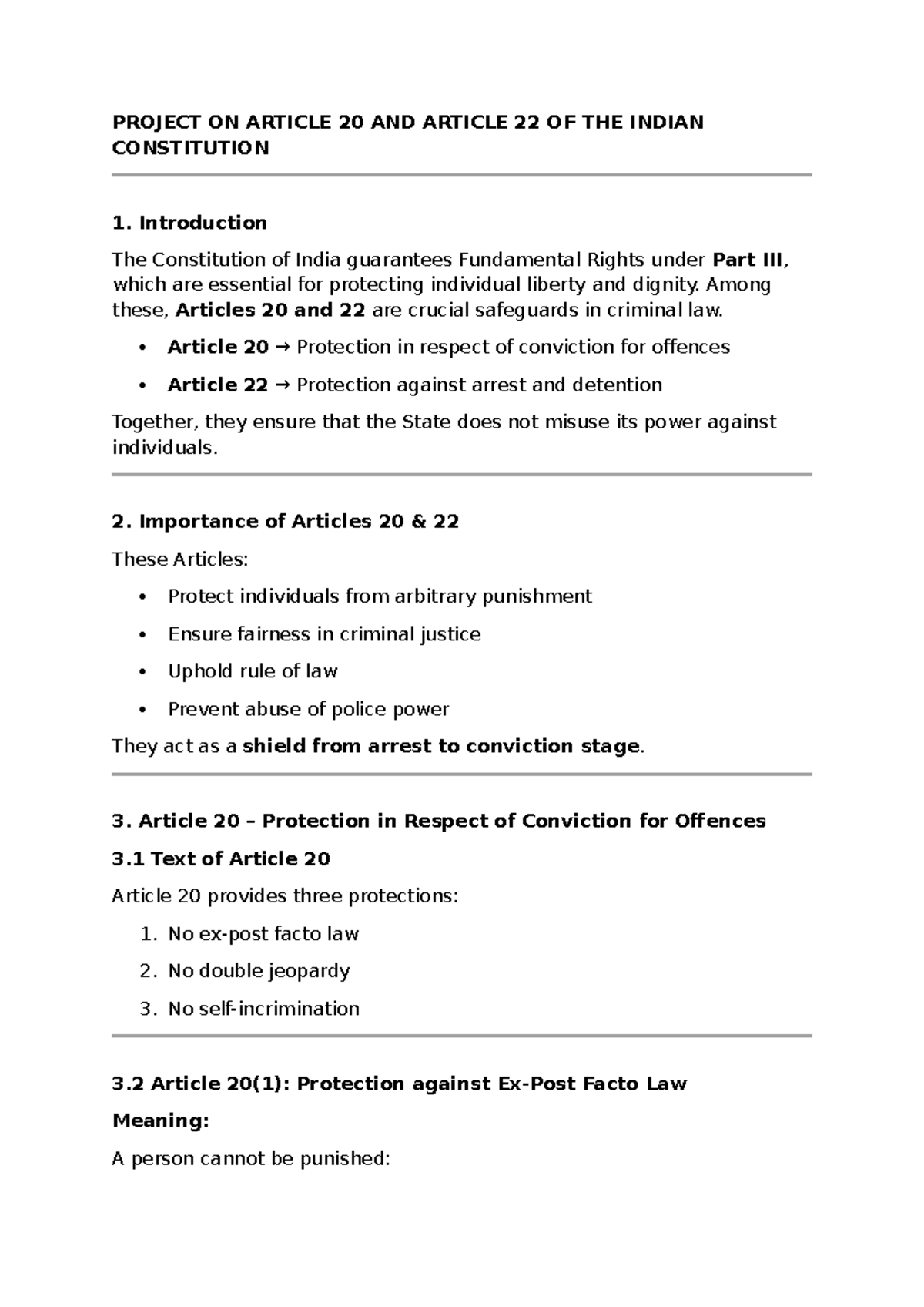 Project on Articles 20 & 22 of the Indian Constitution: Safeguards in ...