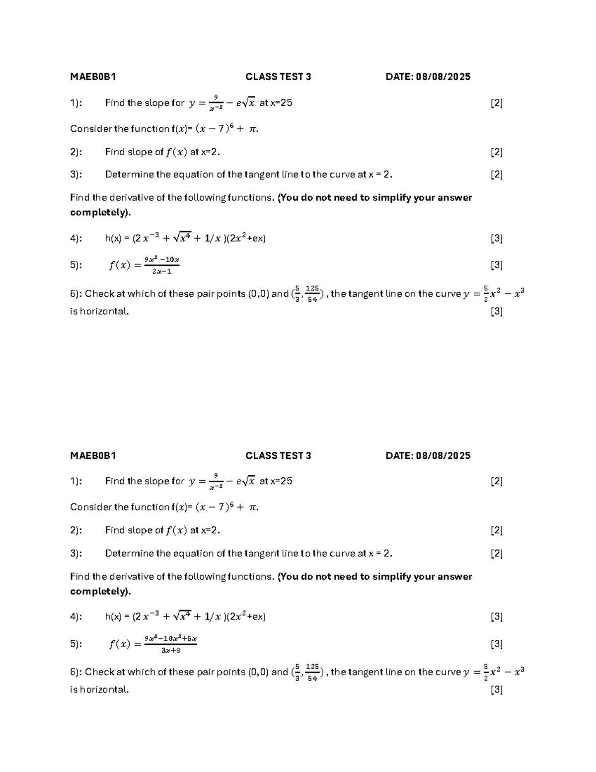 MAEB0B1 Class TEST 3 - Slope and Tangent Line Analysis - Studocu