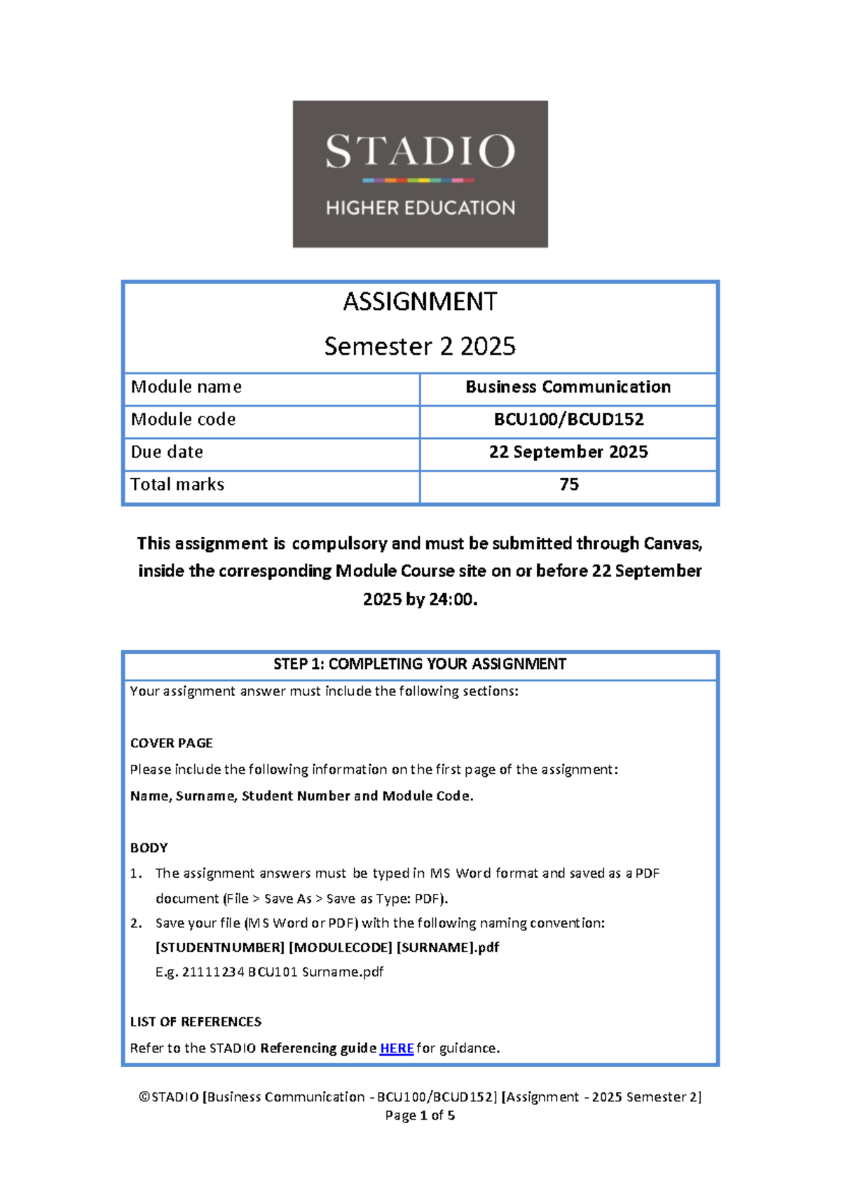 BCU100 Business Communication Assignment Guidelines 2025 - Studocu