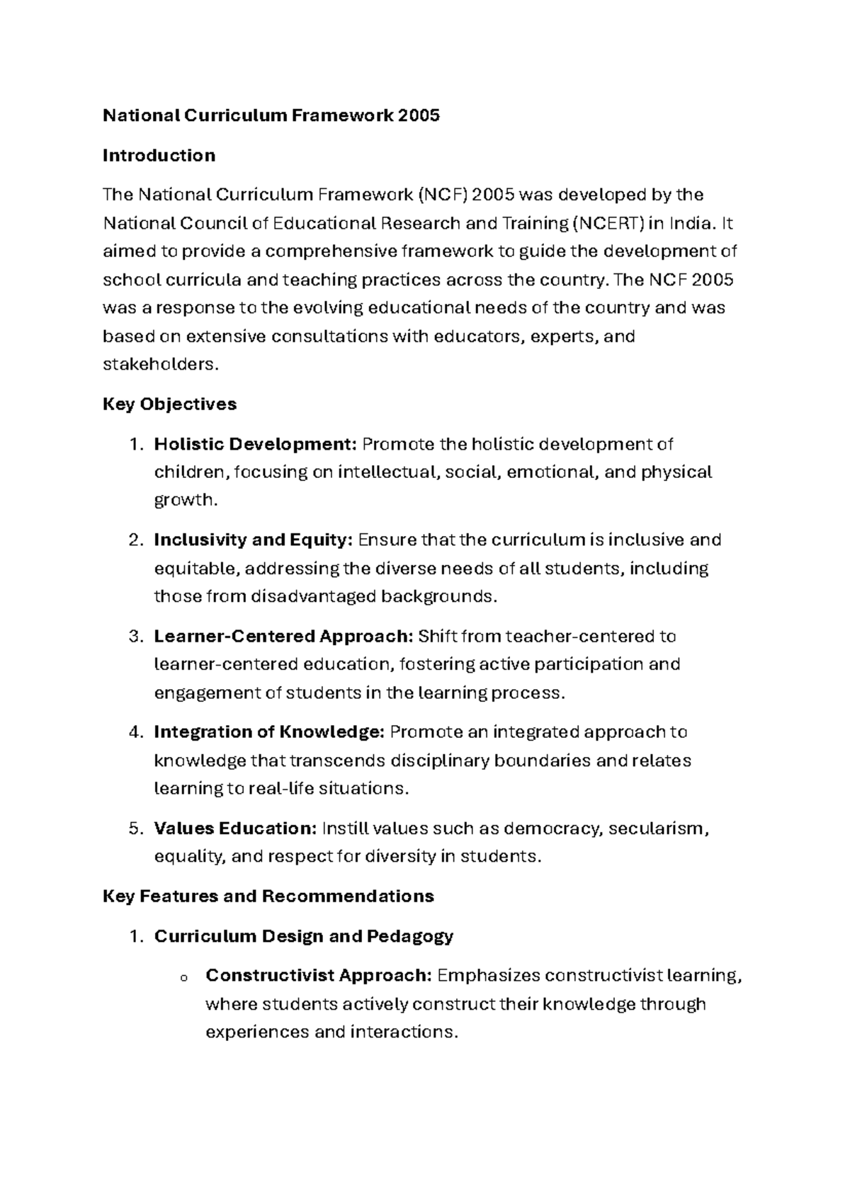 National Curriculum Framework 2005 - It aimed to provide a ...