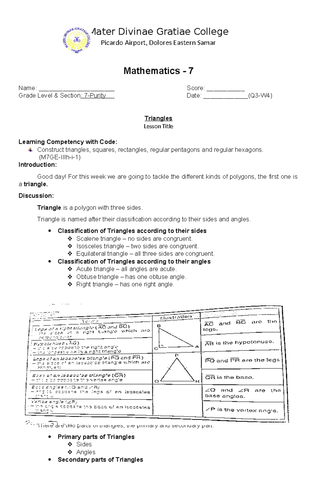 LAS MATH 7 (Q3-W4 2022) - Triangles and Polygons Lesson Activities ...