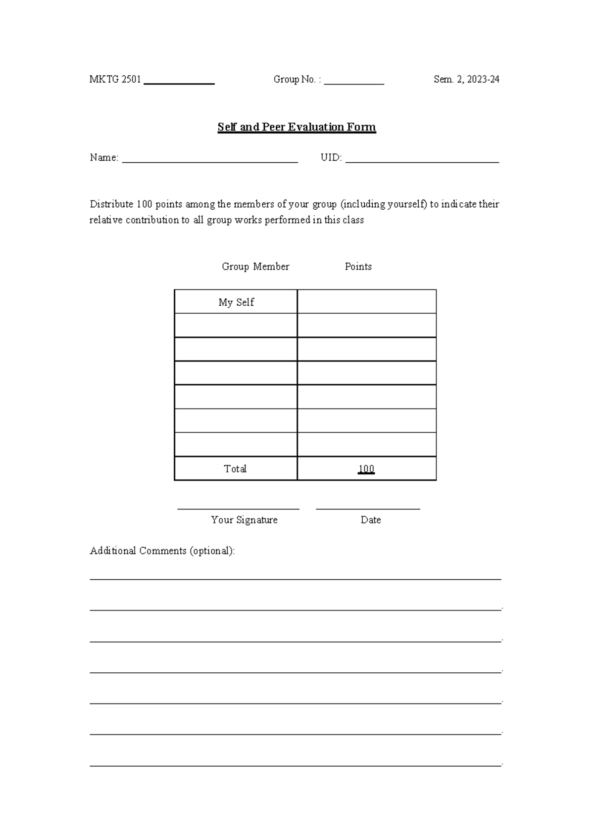 Self and Peer Evaluation Gp Project template - MKTG 2501 ...