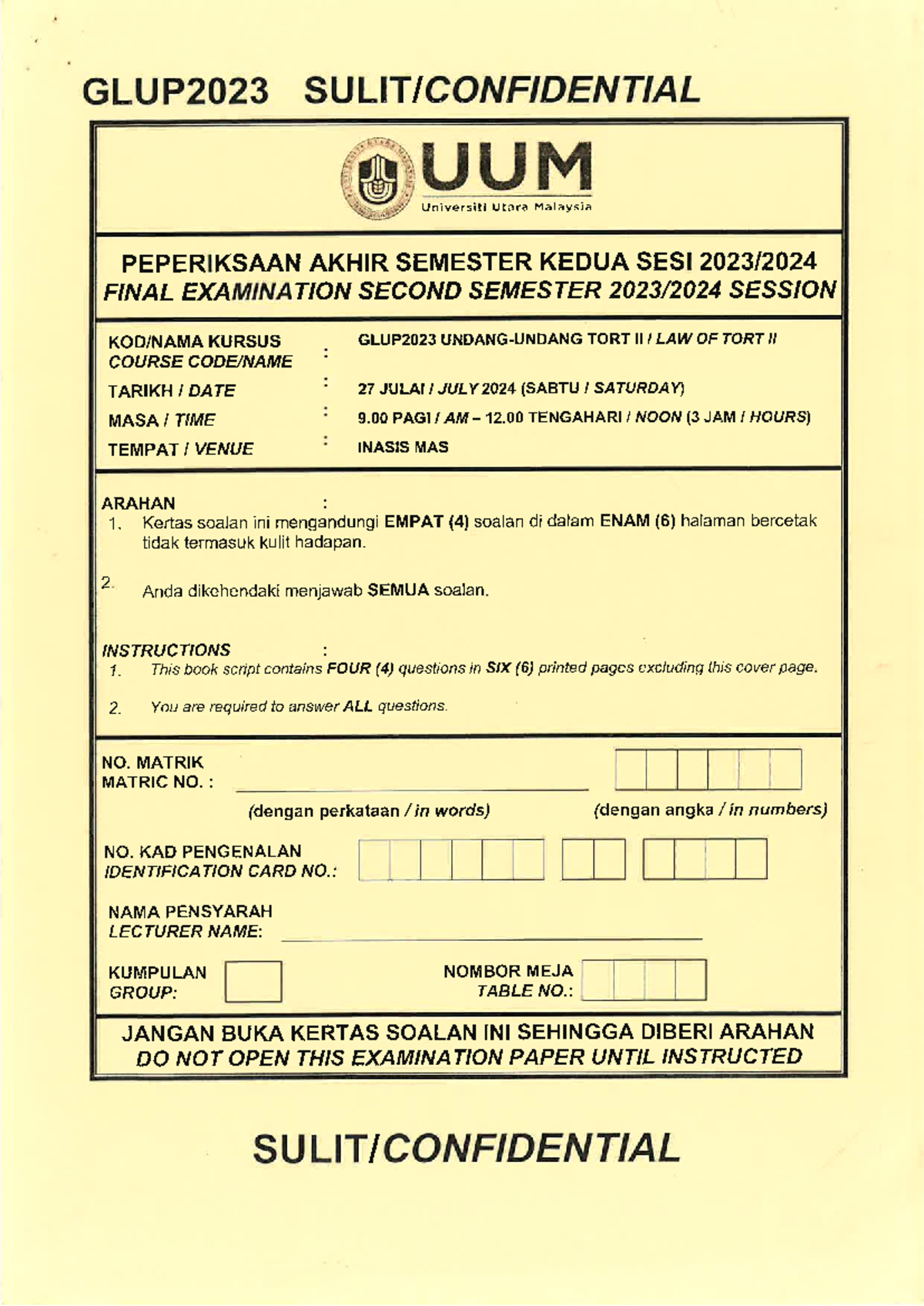 GLUP2023 Final Exam Revision: Law of Tort II (Semester 2, 2023/2024 ...