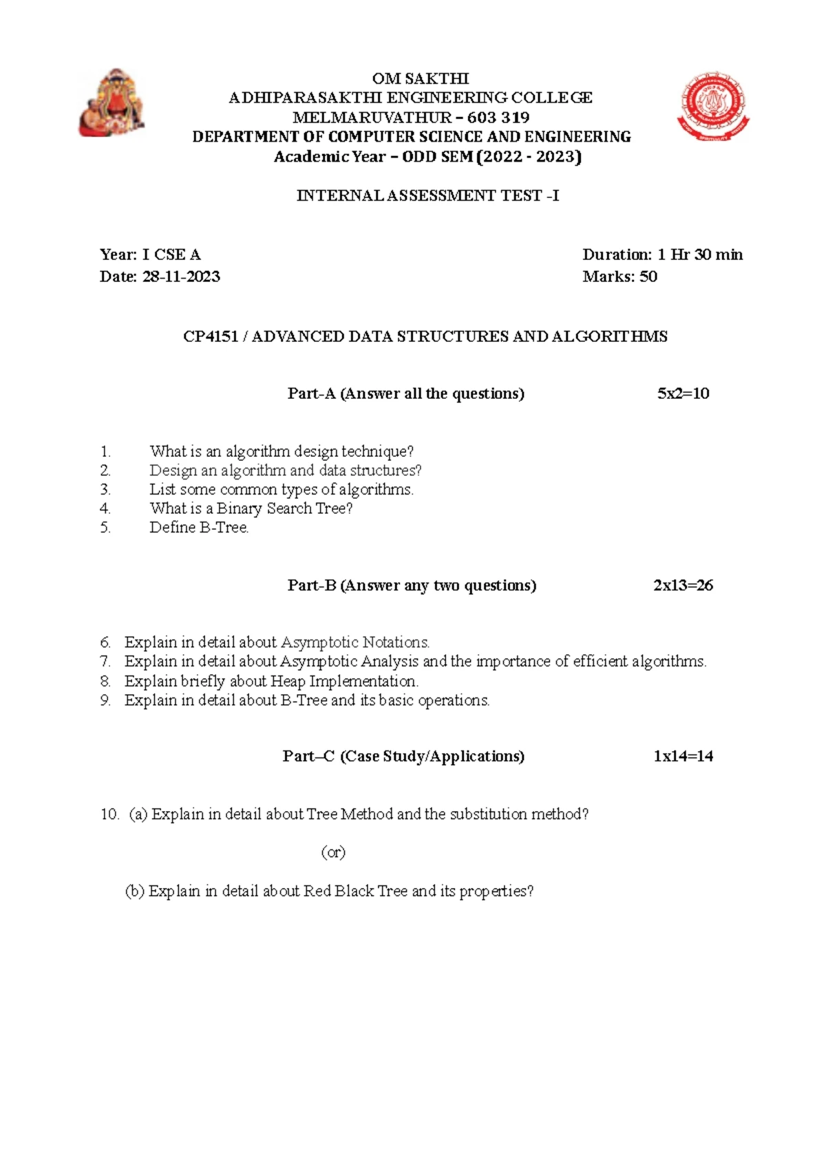 CP4151 Internal Assessment Test-I: Advanced Data Structures - Studocu