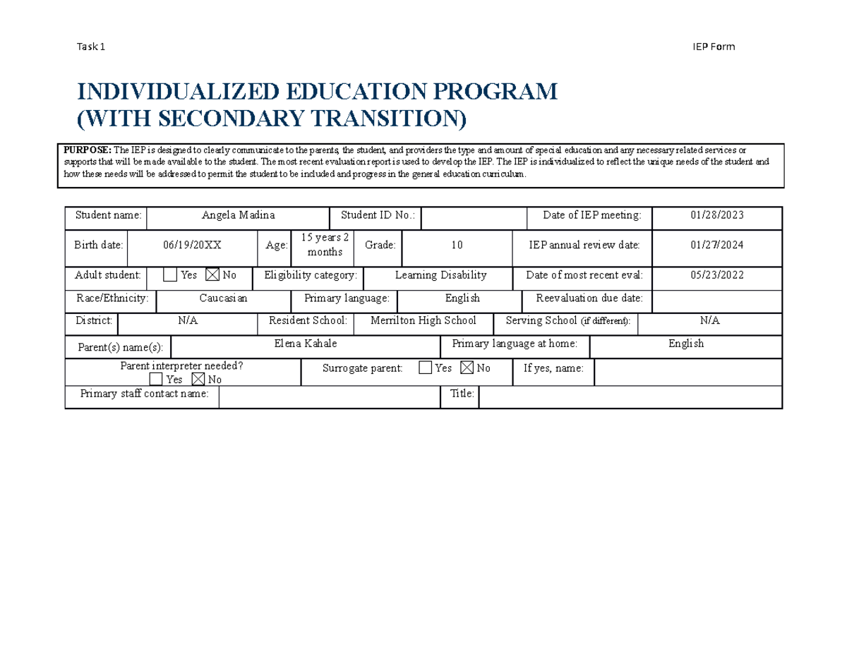 IEP Form - Special Education & Services for Angela Madina (Grade 10 ...