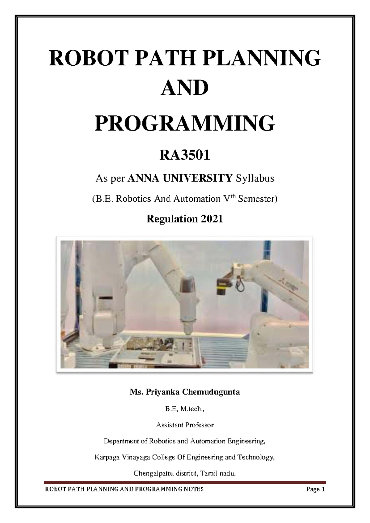 ROBOT PATH PLANNING AND PROGRAMMING NOTES RA3501 - Studocu