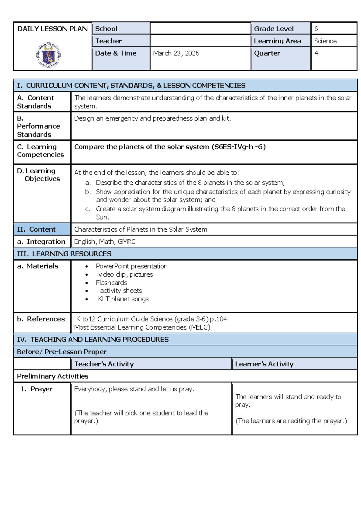 DAILY LESSON PLAN: Science for Grade 6 - Characteristics of Planets ...
