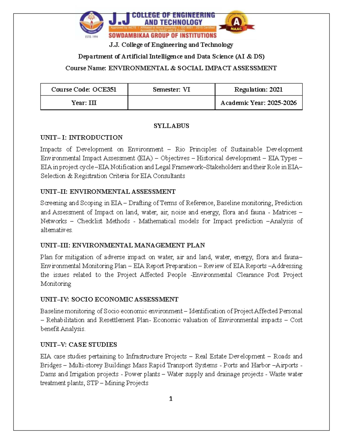 OCE351 Environmental Social Impact Assessment - Unit II Notes - Studocu