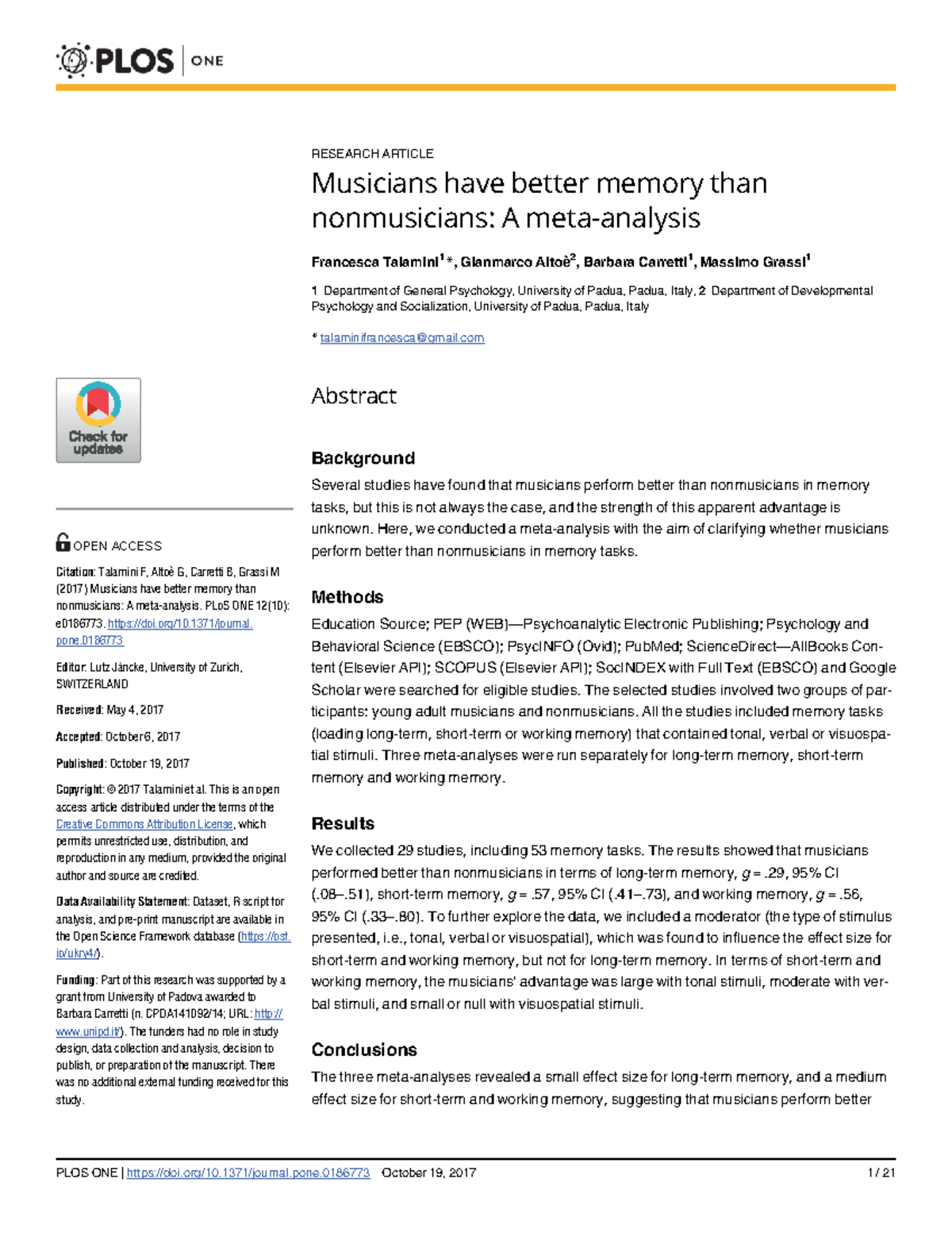 Musicians vs Nonmusicians: Memory Performance Analysis (PSY 101) - Studocu