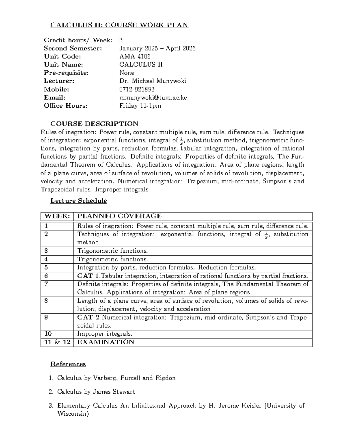 Calculus II Work Plan - CALCULUS II: COURSE WORK PLAN Credit hours ...
