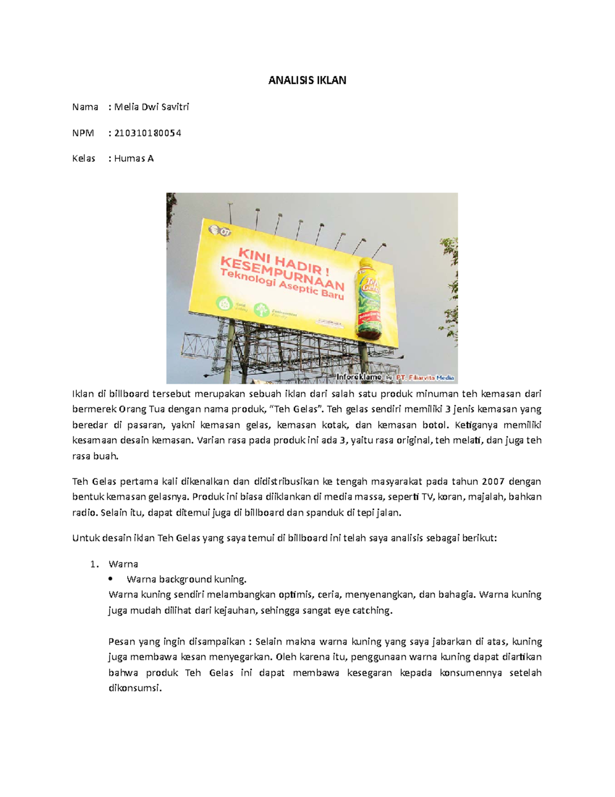 Analisis Iklan Billboard Teh Gelas dalam Konteks Pemasaran Humas A ...