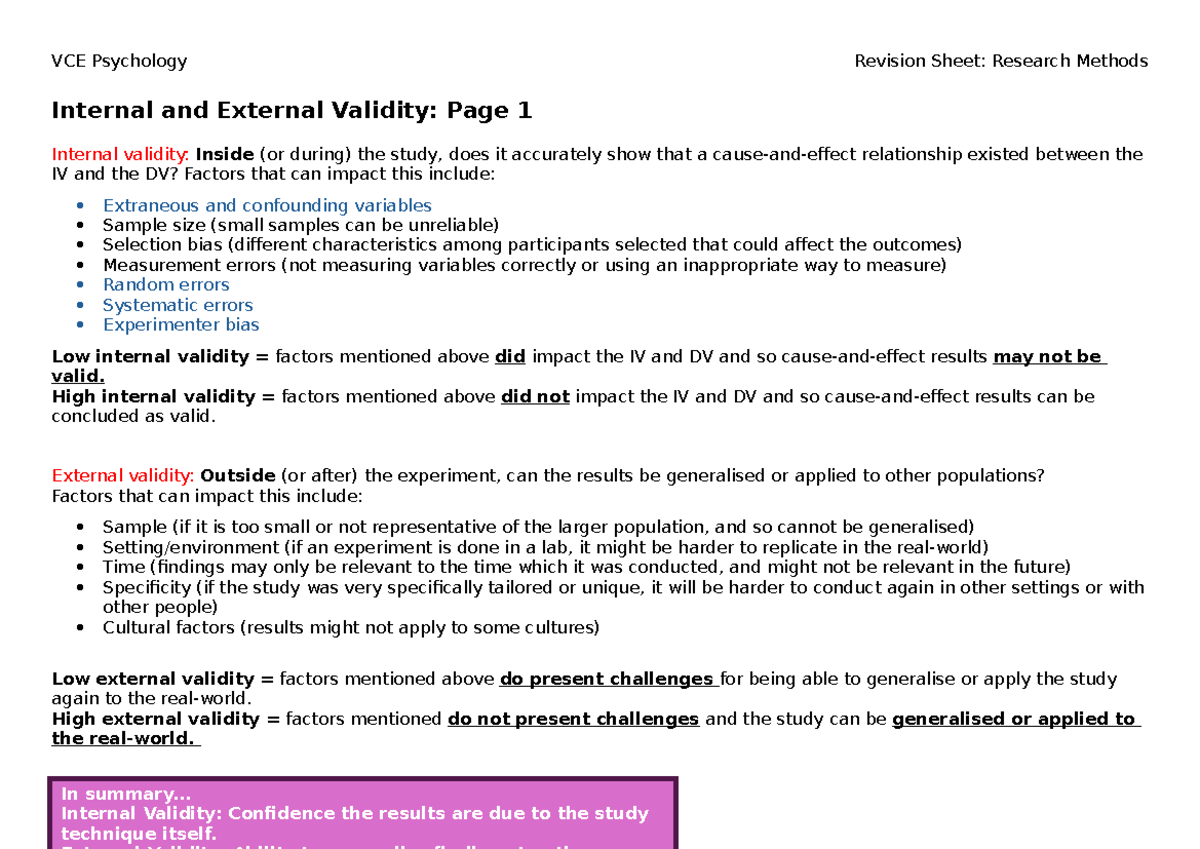 VCE Psychology Revision Sheet: Research Methods & Validity Factors ...