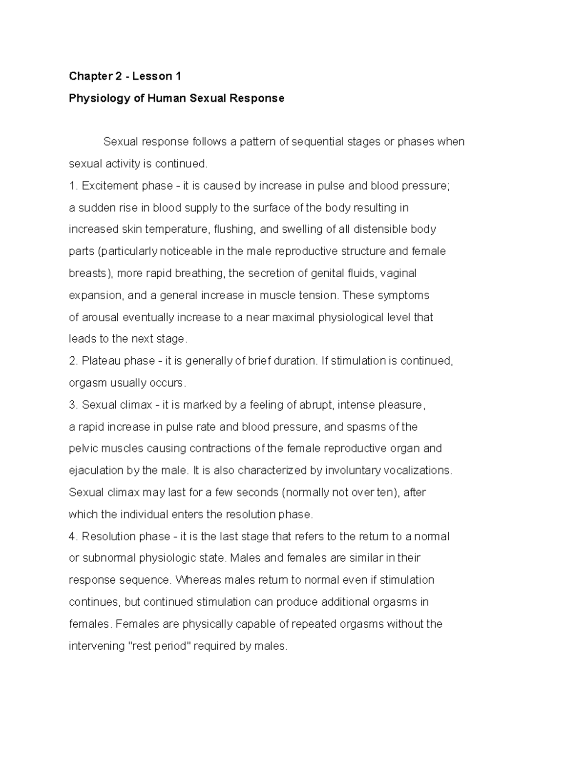 Physiology of Human Sexual Response - Chapter 2 Lesson 1 Overview - Studocu