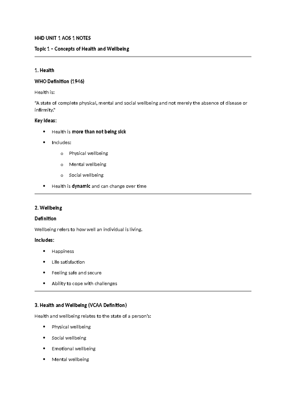 HHD UNIT 1 AOS 1 Notes: Concepts of Health and Wellbeing Overview - Studocu