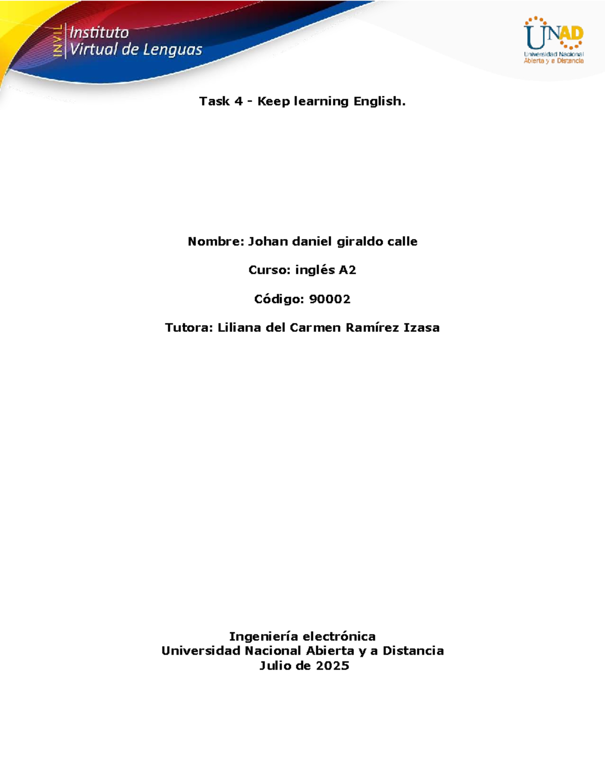 Task 4: Reflections on English Learning - Johan Giraldo (Inglés A2 ...