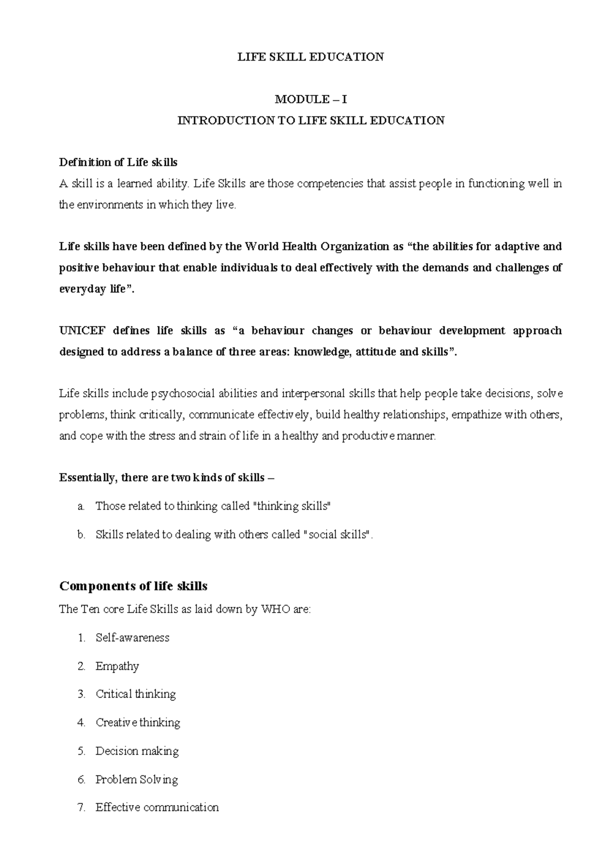 LIFE Skill Education: Key Modules on Skills Development and ...