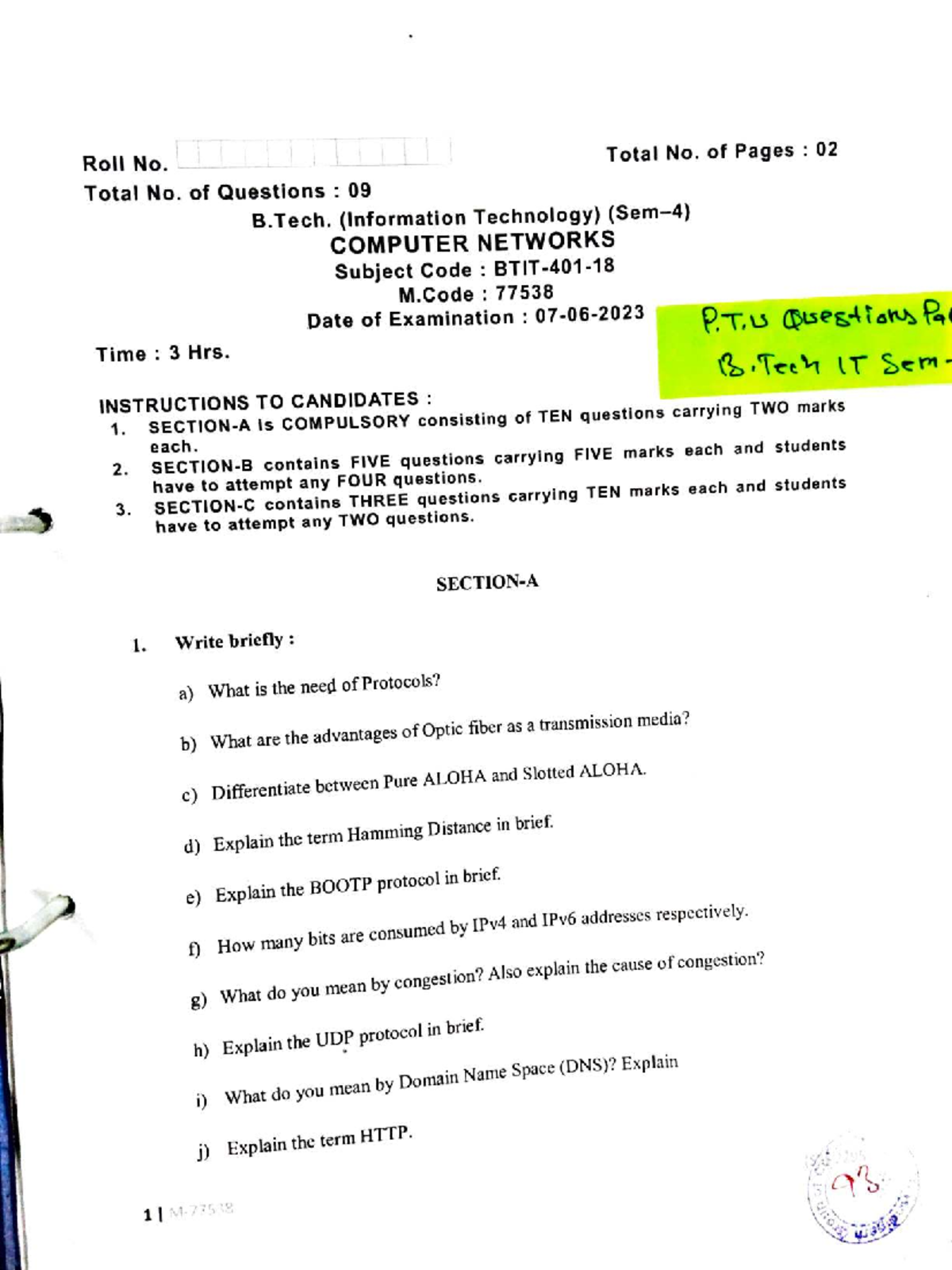 B.Tech IT: Computer Networks Exam Q&A (M.Code: 77538) - Studocu