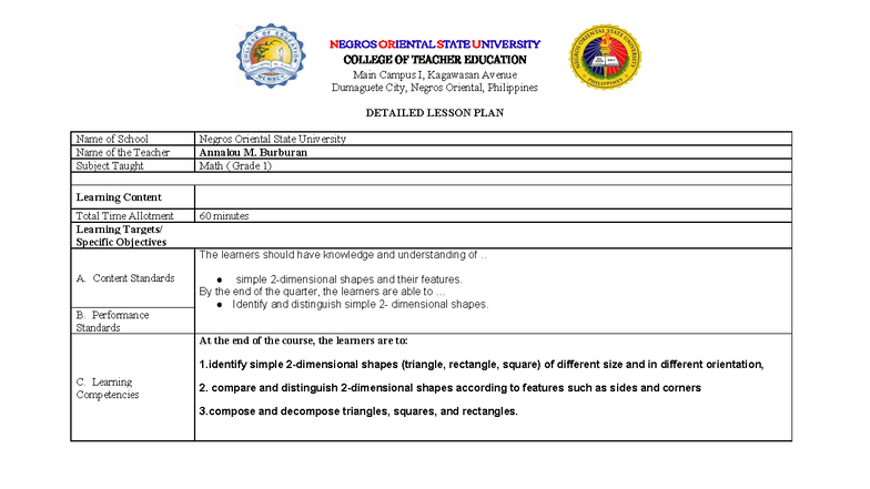 Detailed Lesson Plan for Grade 1 Math: Simple Shapes (MATH 101) - Studocu