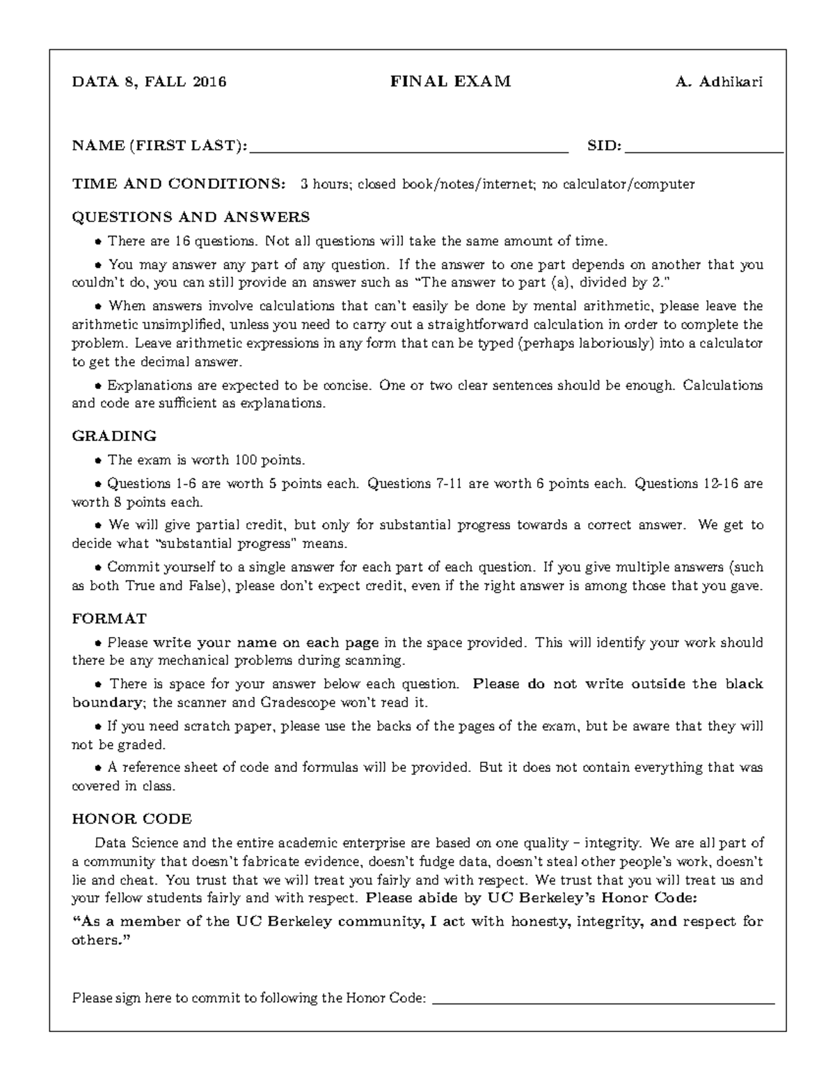 DATA 8 FA16 - Final Exam A Practice Questions and Solutions - Studocu
