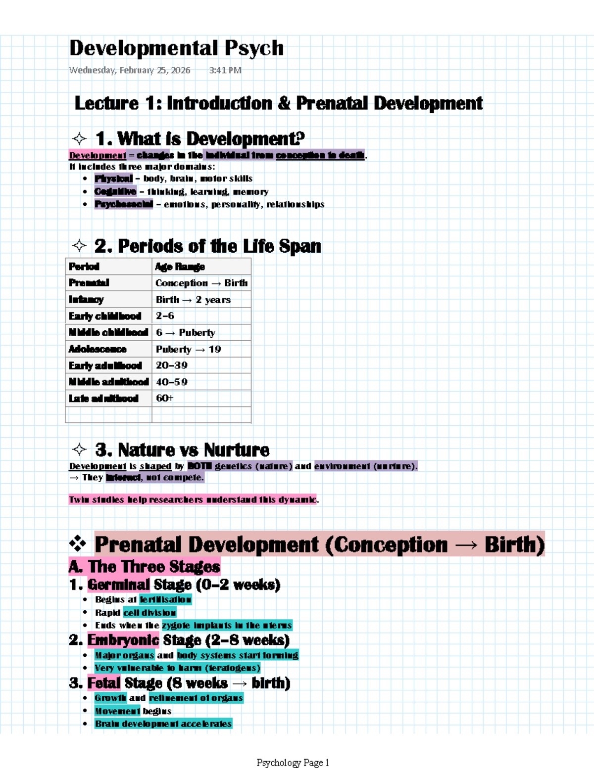 Developmental Psychology PSY 101: Lecture Notes on Prenatal to Late ...