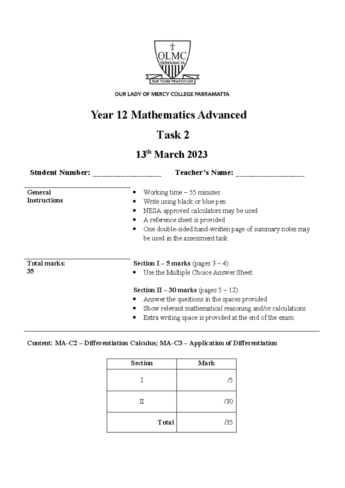 12MAT AT2 2023 - Year 12 Mathematics Advanced Task 2 Exam Guide - Studocu