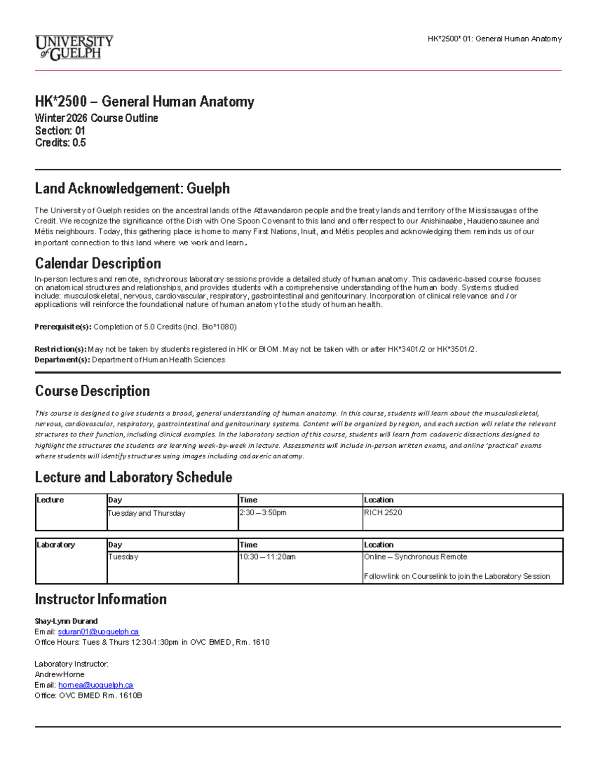 01: General Human Anatomy HK2500 W26 Course Outline Winter 2026 - Studocu