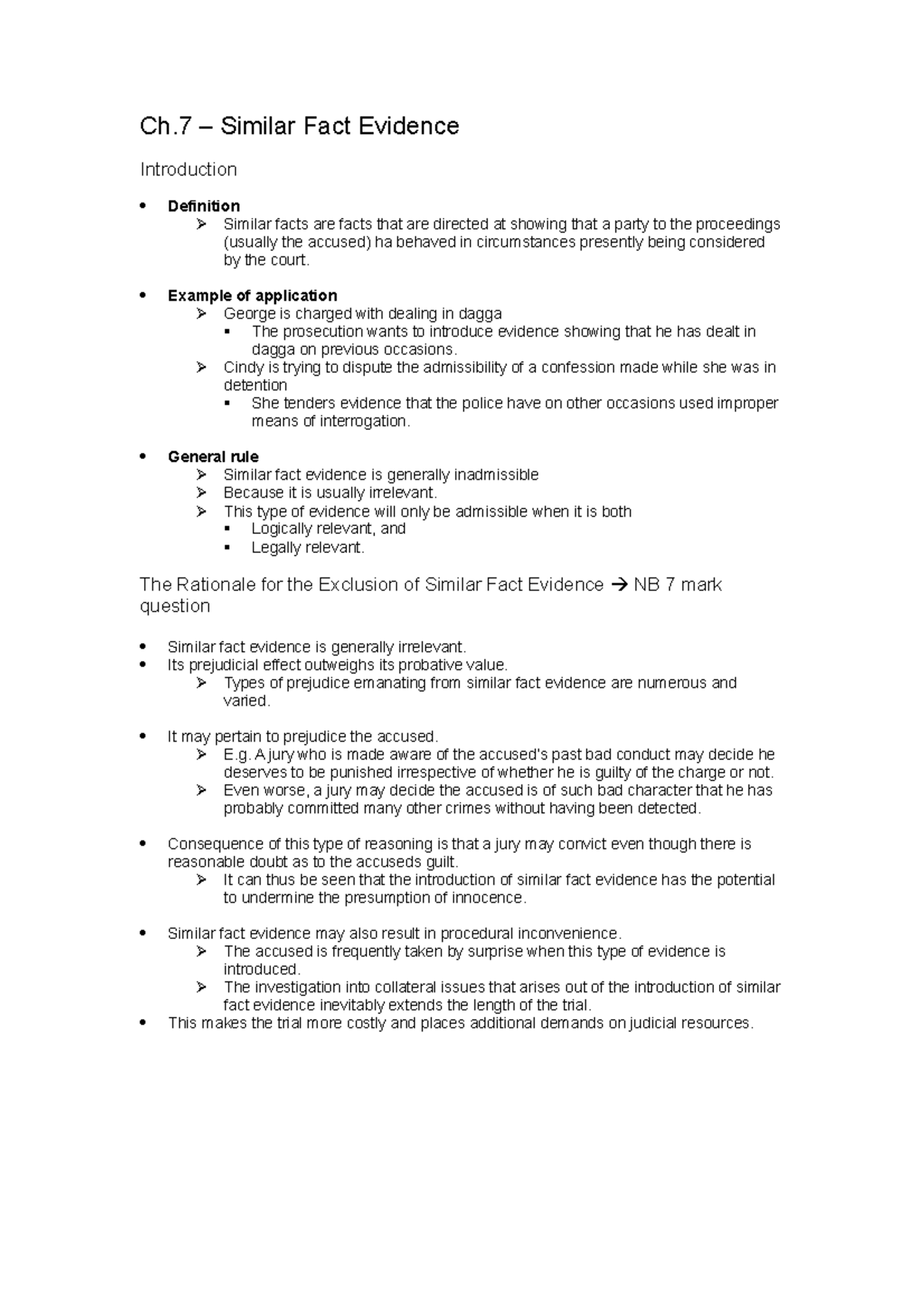 Ch.7 - Similar Fact Evidence in Law of Evidence Lecture Notes - Studocu