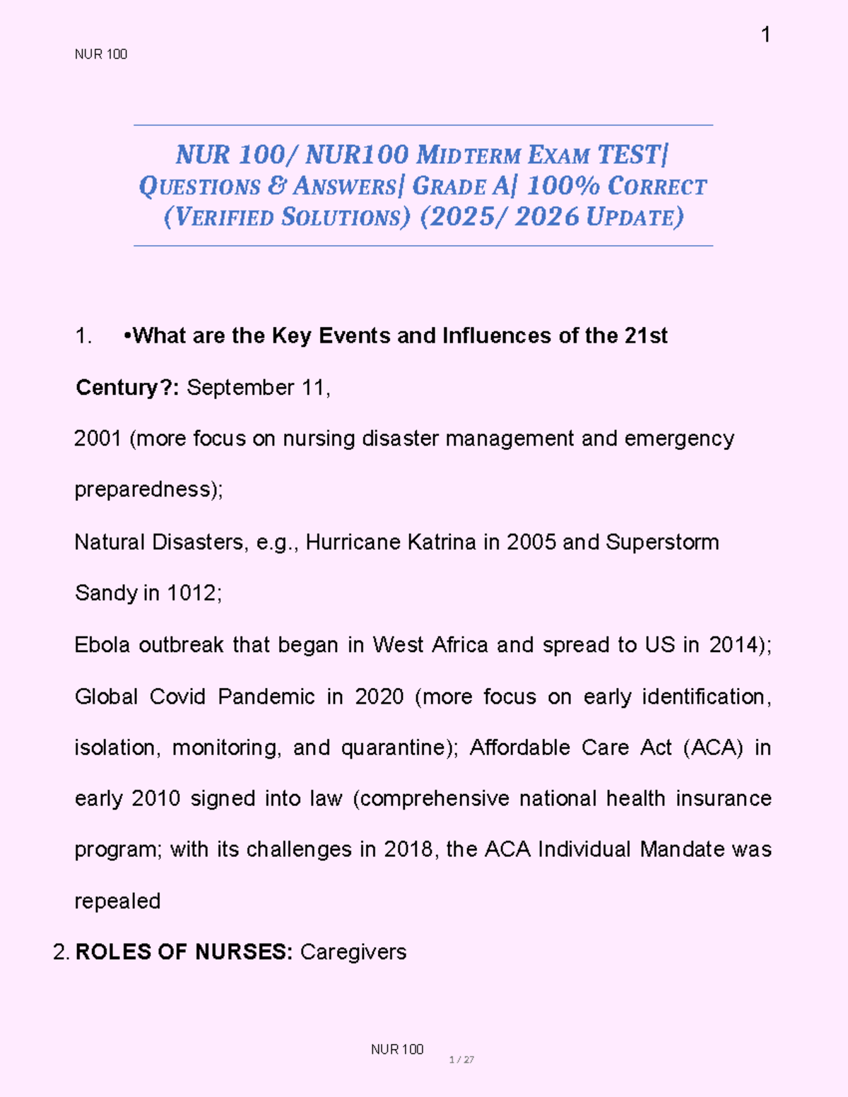 NUR 100 Midterm Exam Questions & Verified Solutions (2026 Update) - Studocu