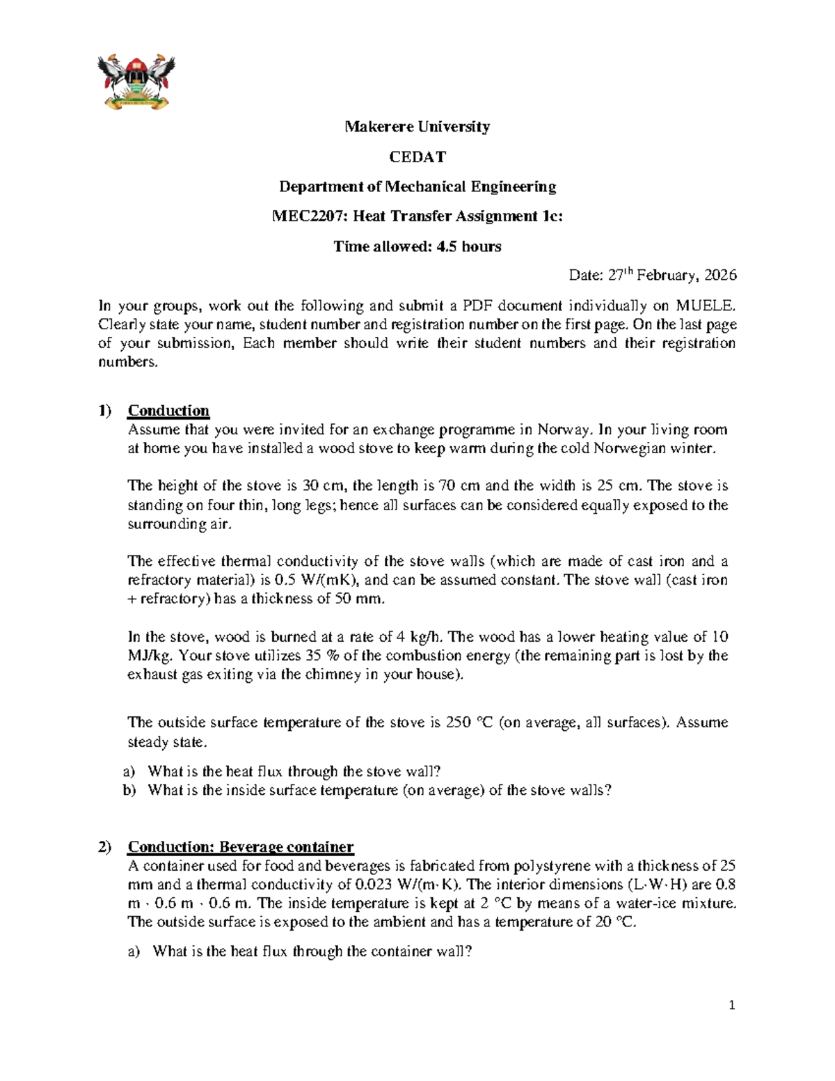 MEC2207: Heat Transfer Assignment 1c - Group Work Guidelines 2026 - Studocu