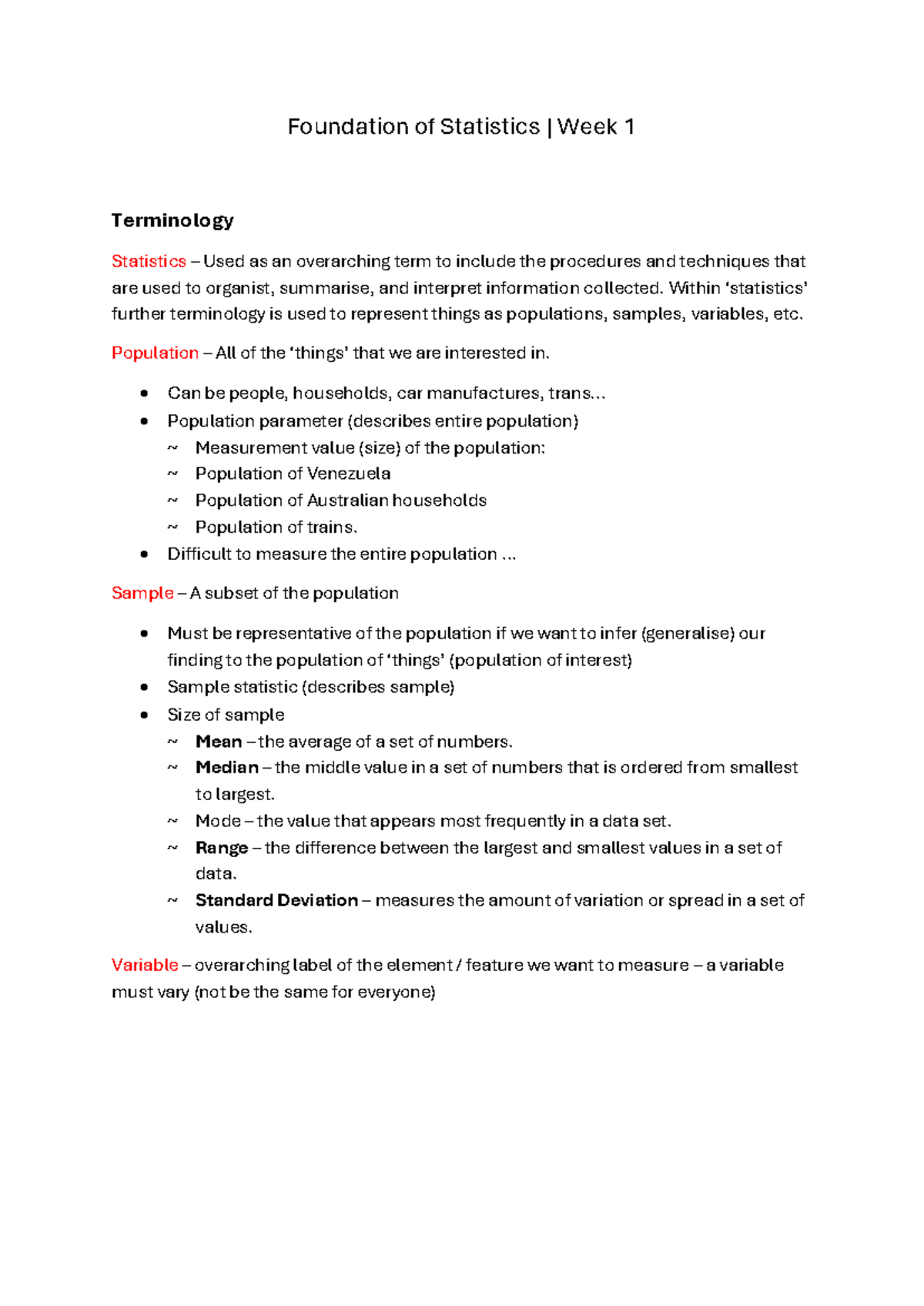 Foundation of Statistics 1: Week 1 Terminology and Concepts - Studocu