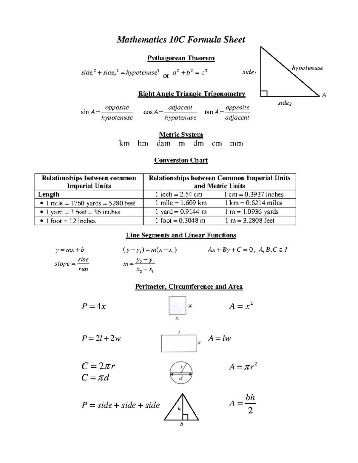 Math 10C Formula Sheet 2 - Mathematics 10C Formula Sheet Pythagorean ...
